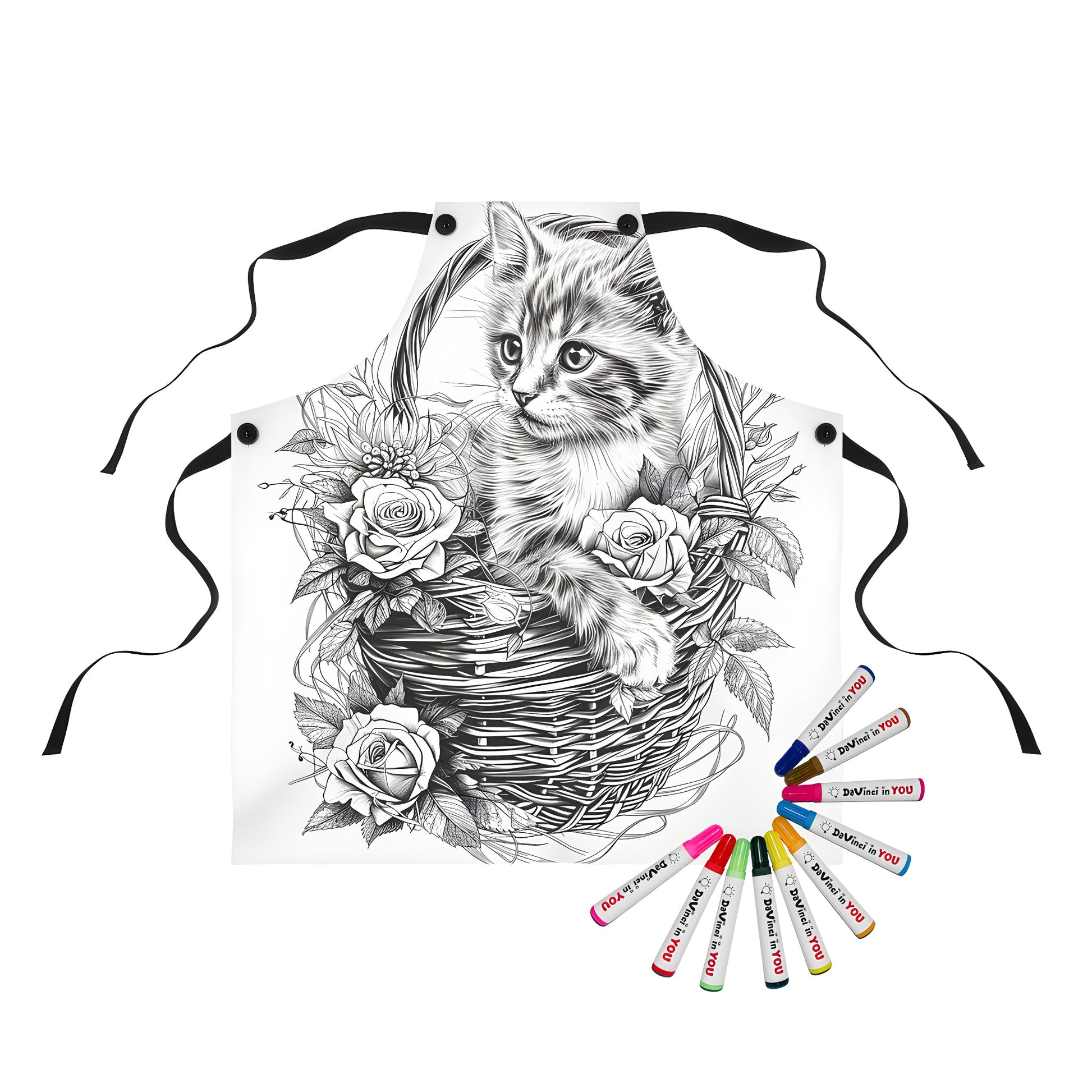 Coloring apron with cute kitten sitting in wicker basket, colorful roses and leaves design