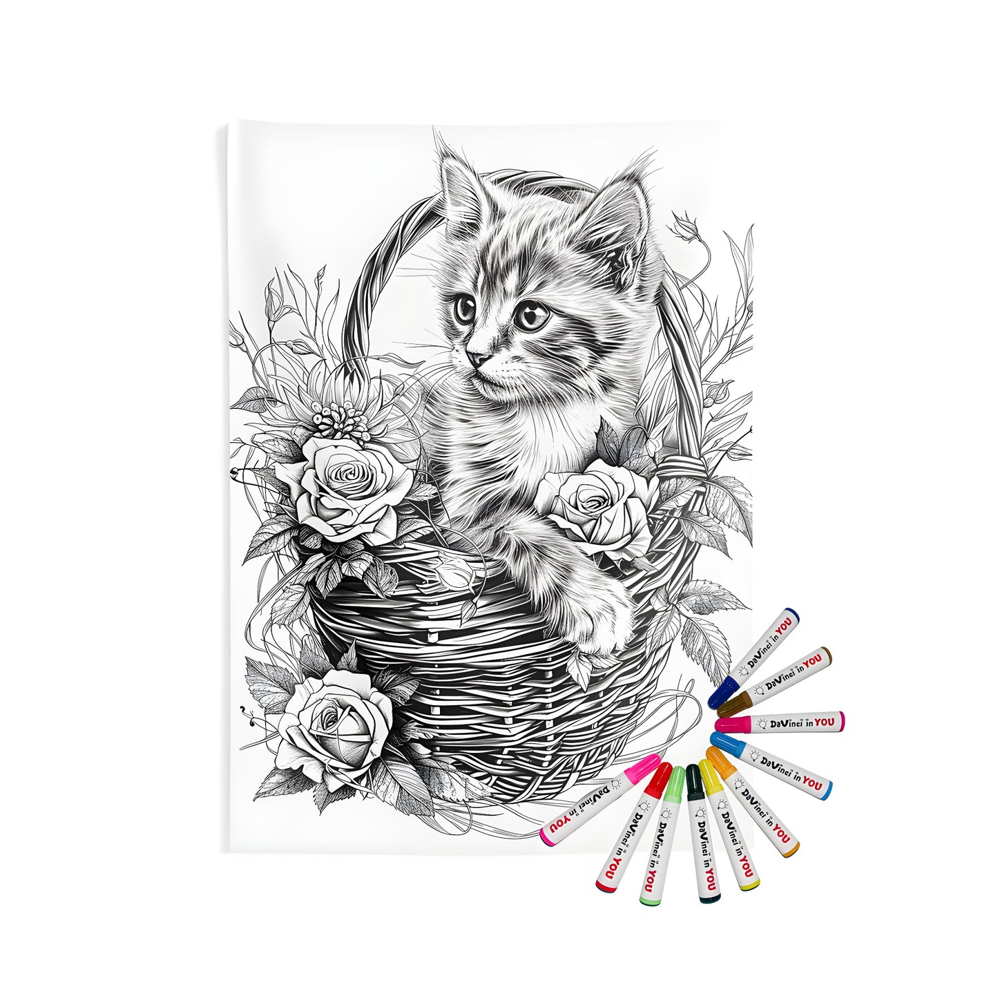 Whimsical kitten sitting in wicker basket wall hanging for home decor