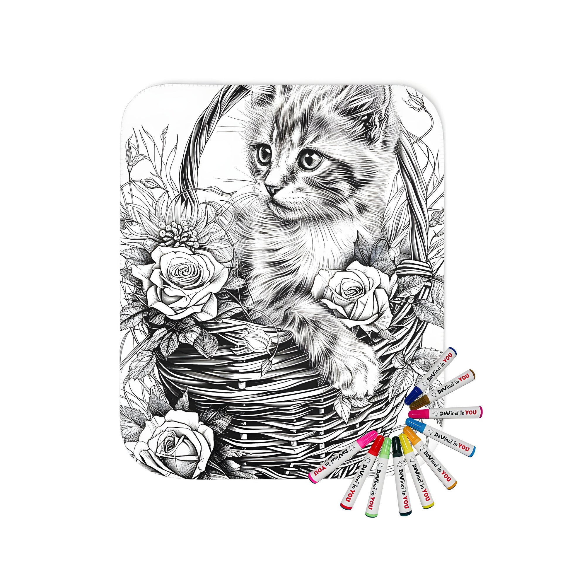 Cute kitten in a wicker basket blanket illustration