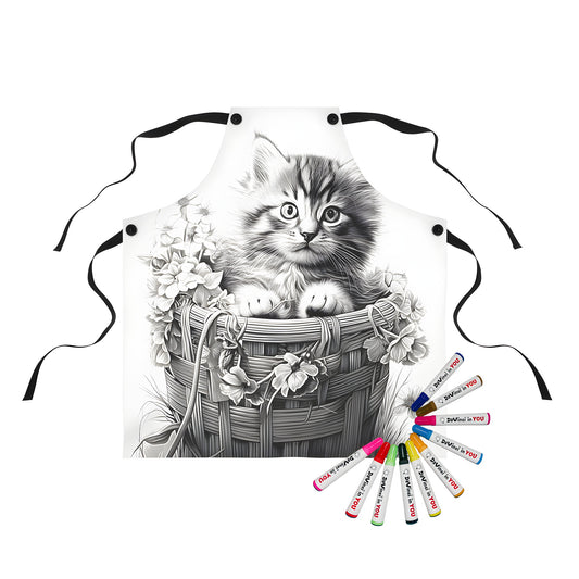 Apron with adorable kitten peeking out from colorful basket design