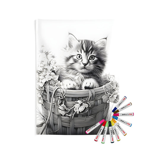 Indoor wall tapestries featuring adorable kitten peeking out from a floral basket