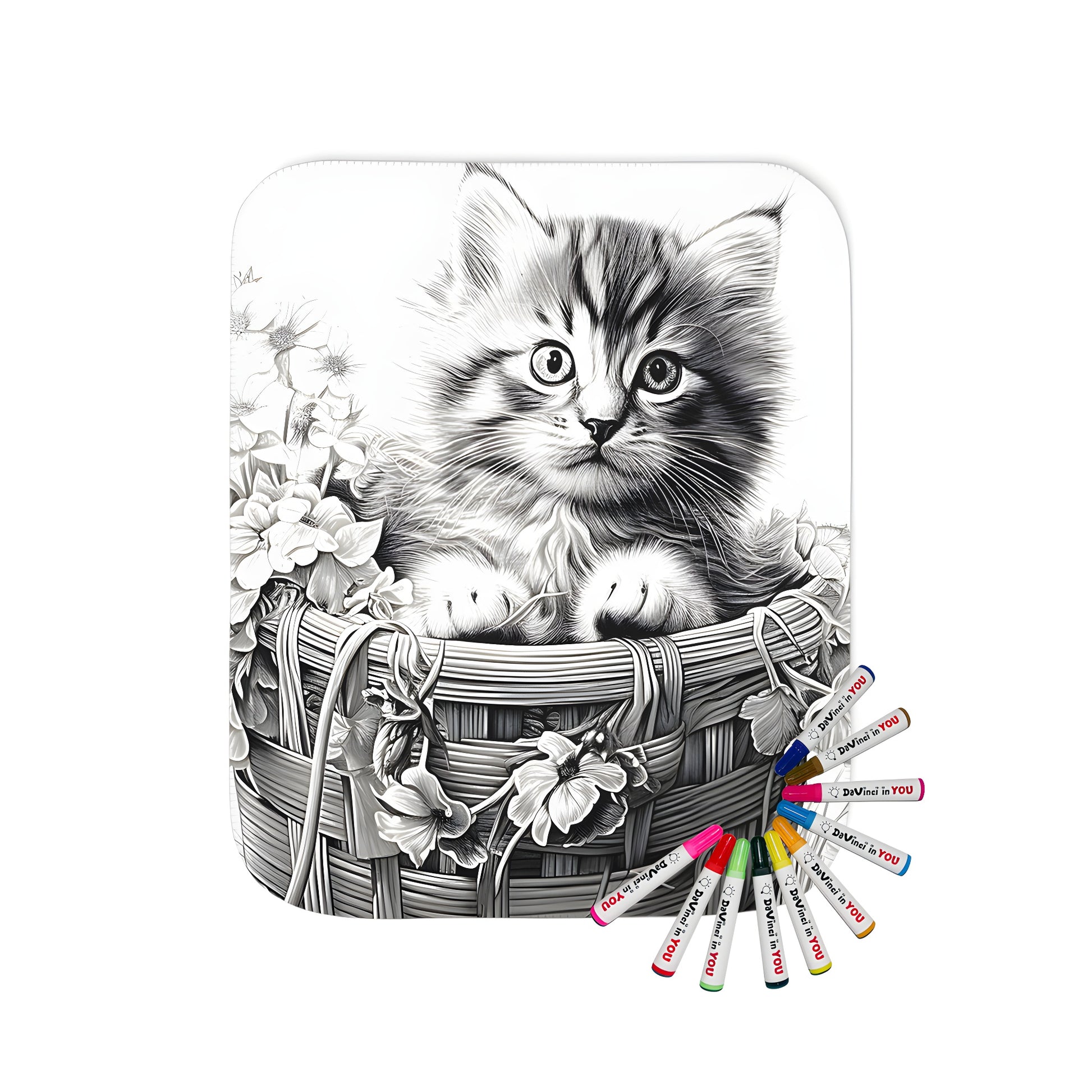 Colorful blanket featuring an adorable kitten peeking out from a wicker basket filled with vibrant flowers