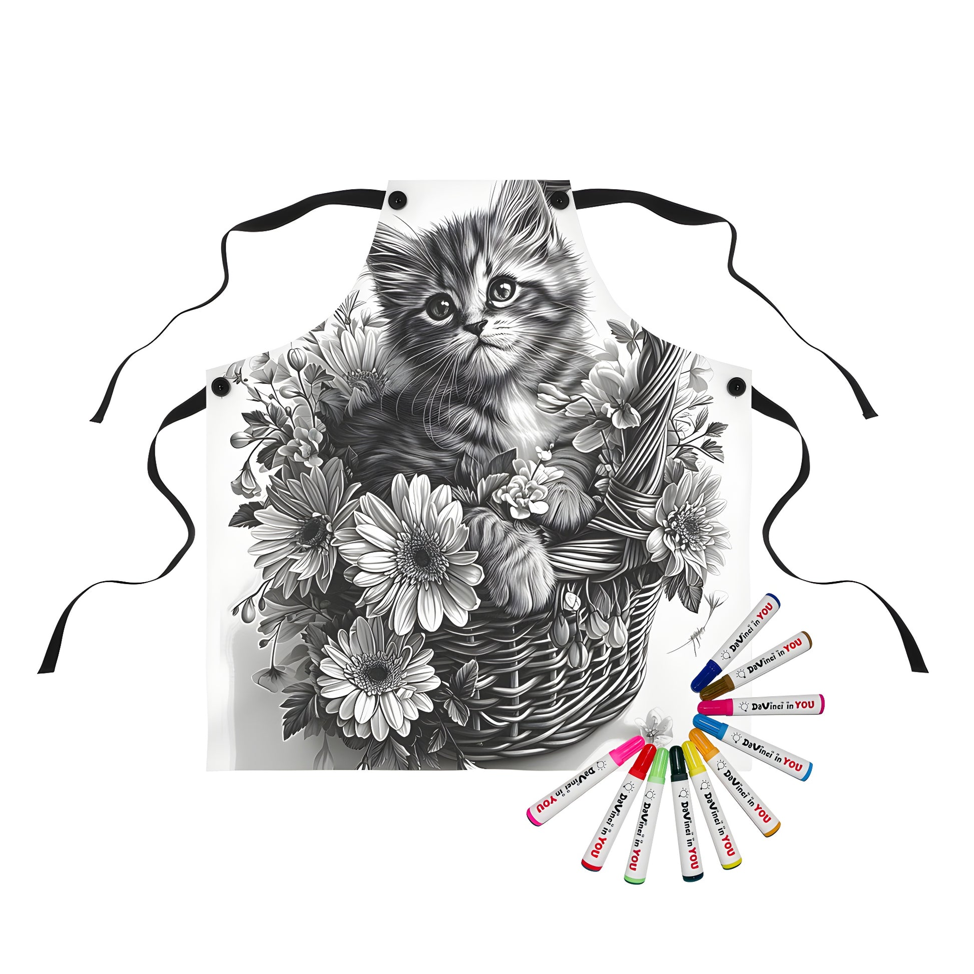 Cute kitten in flower basket apron featuring a coloring page design with black and white illustrations of kittens playing with flowers and daisies.