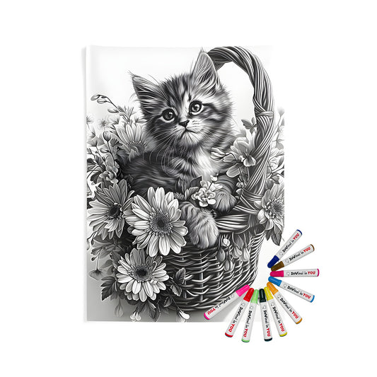 Colorful indoor wall tapestry featuring a cute kitten in a flower basket design for home decor