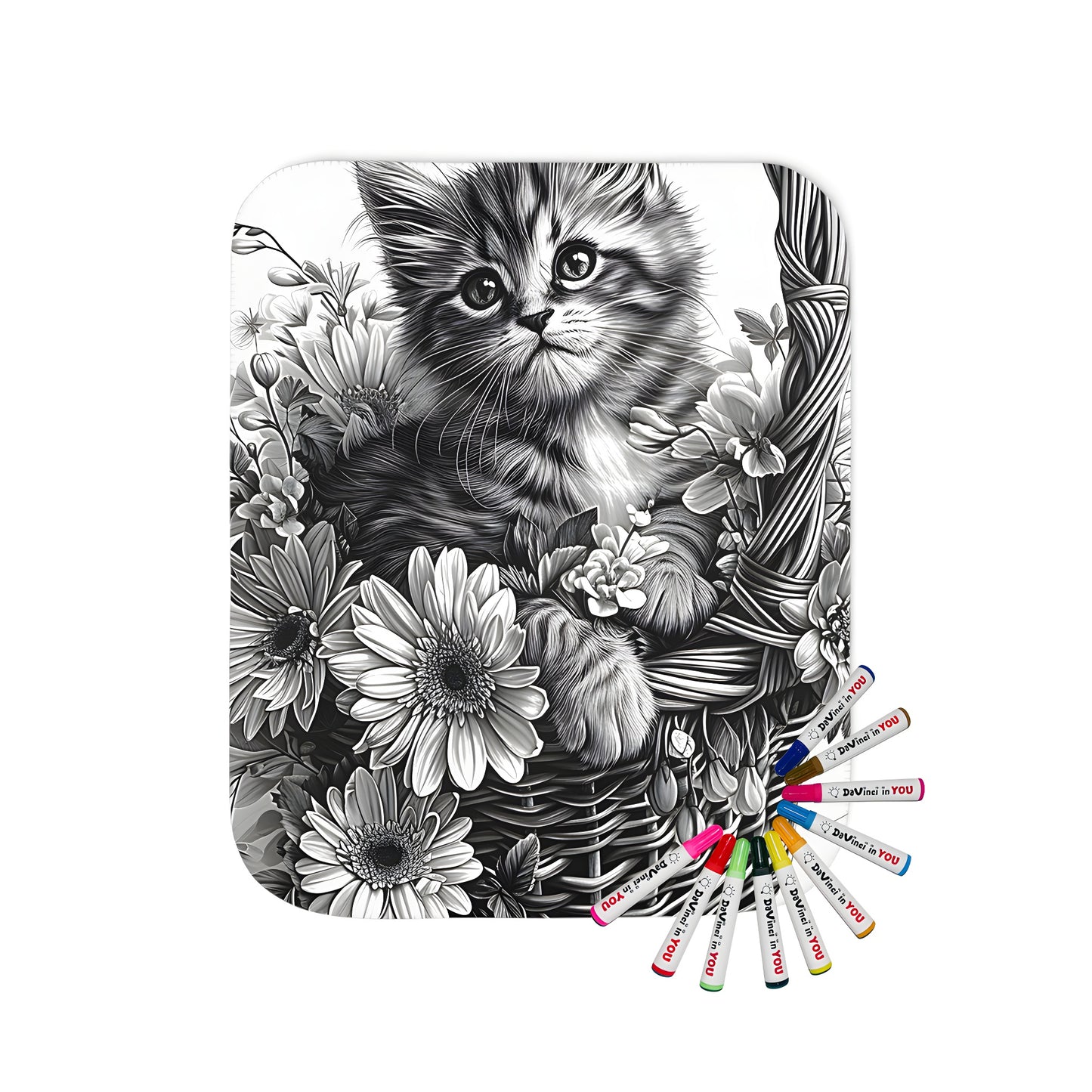 Blanket featuring cute kitten in flower basket design