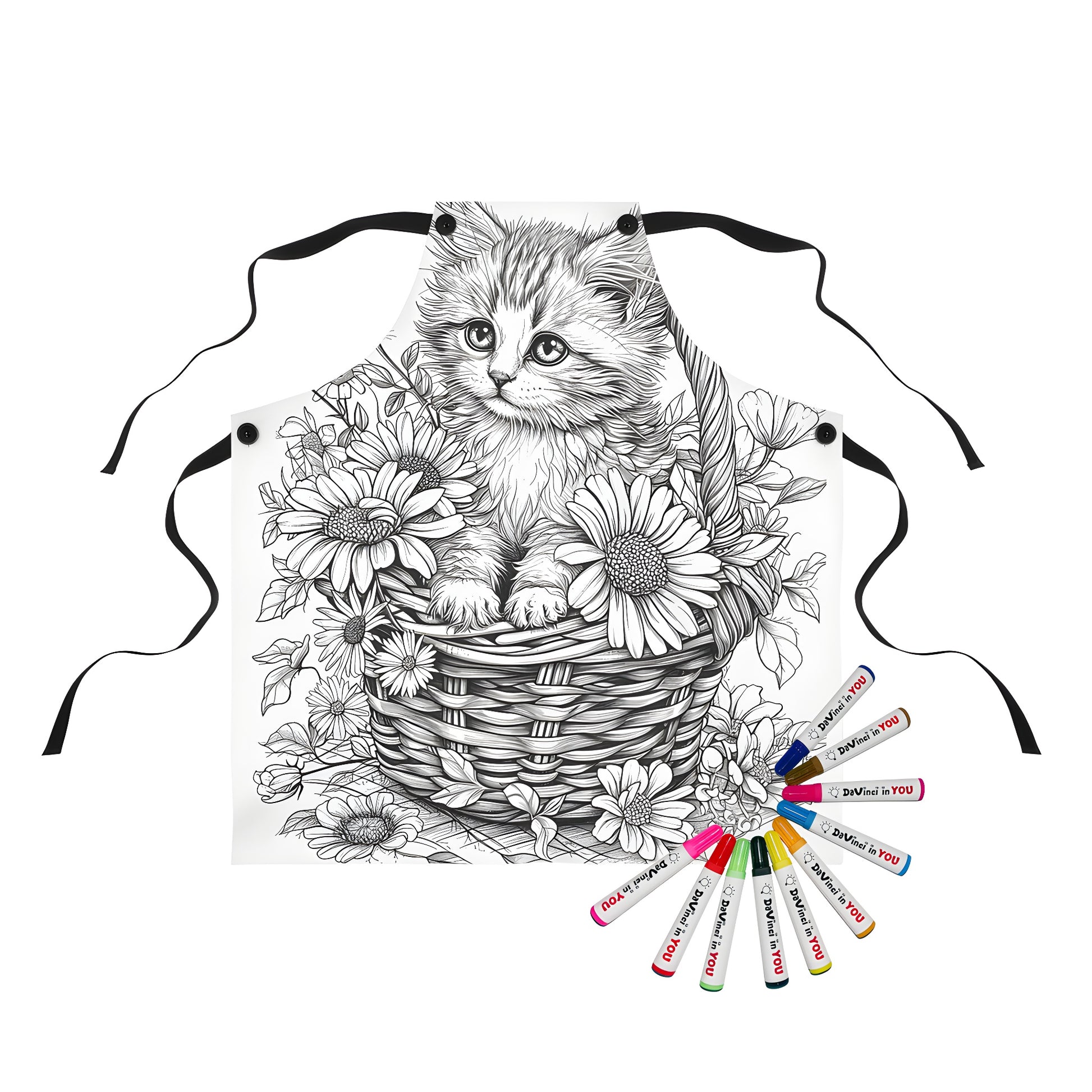 Coloring apron with whimsical kitten and basket illustration