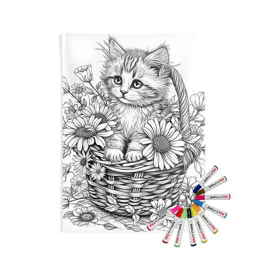 Indoor wall tapestry with adorable kitten and woven basket illustration. Perfect for cat lovers and fans of whimsical home decor.