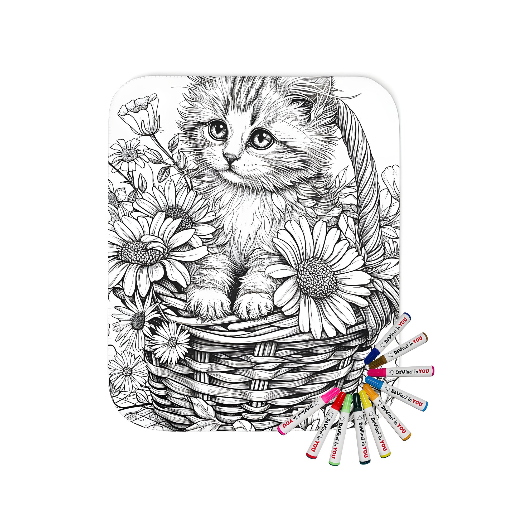 Blanket with adorable kitten in wicker basket illustration, perfect for coloring book fans