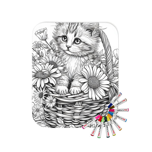 Blanket with adorable kitten in wicker basket illustration, perfect for coloring book fans