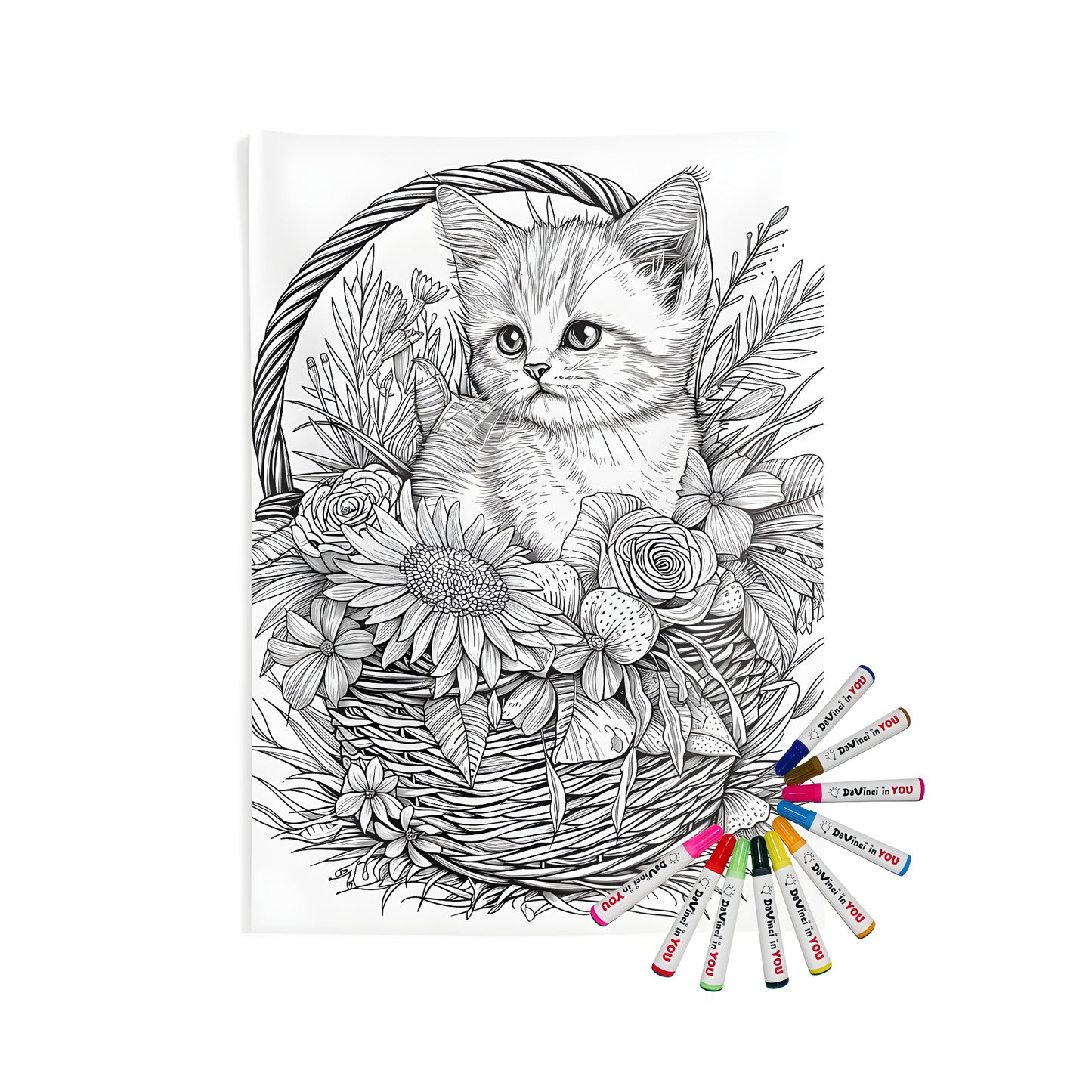 Coloring pages of kittens in flower baskets, indoor wall tapestries for kids and adults