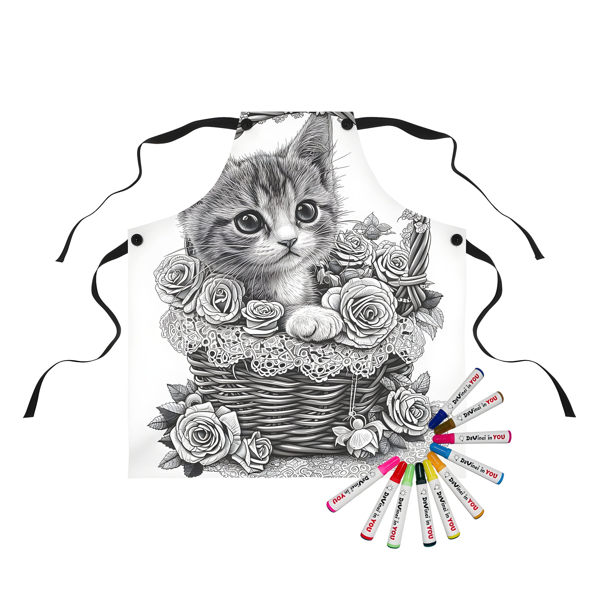 Colorful apron featuring whimsical kitten and basket design, perfect for creative expression