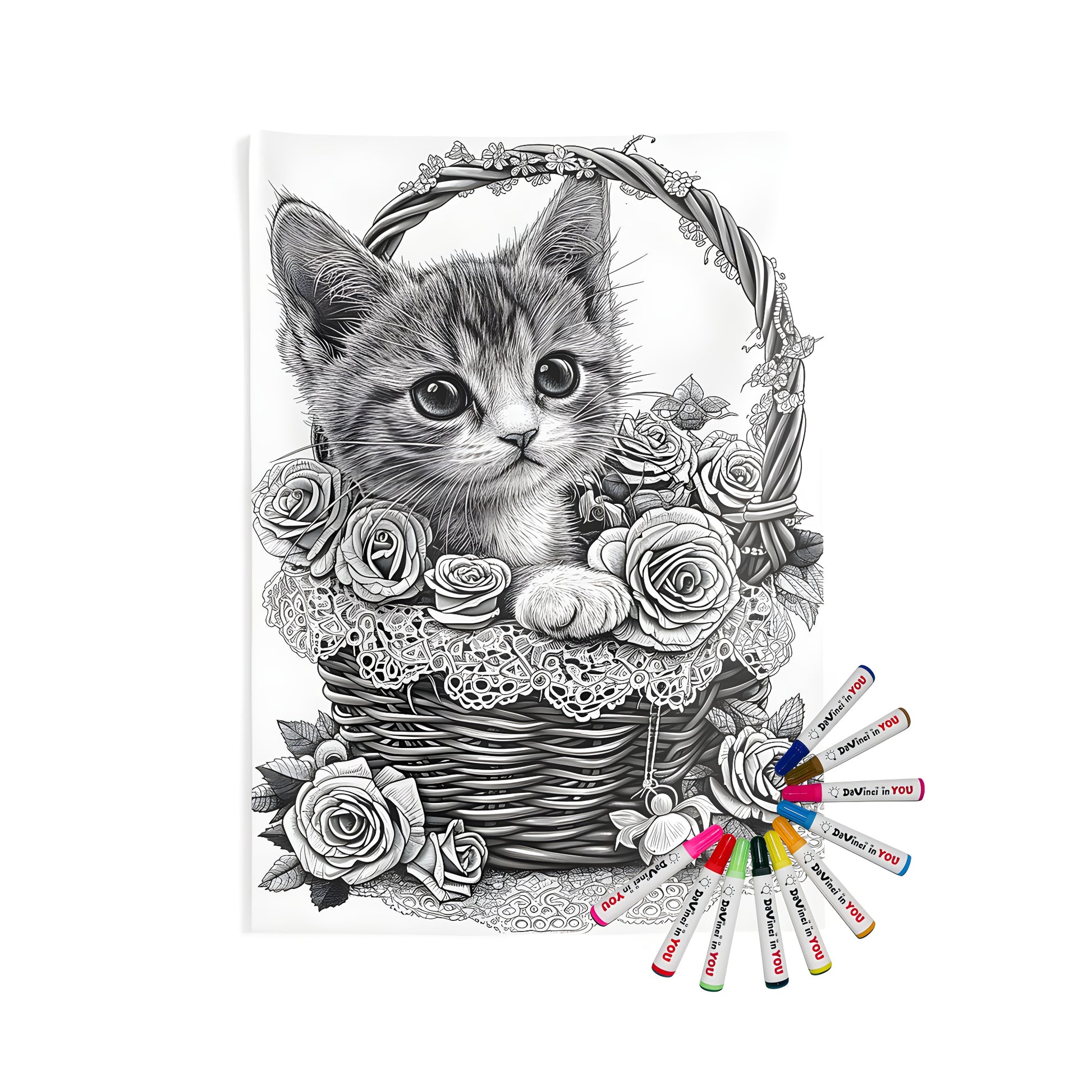 Wall tapestry featuring a kitten sitting in a decorative basket with lace and roses