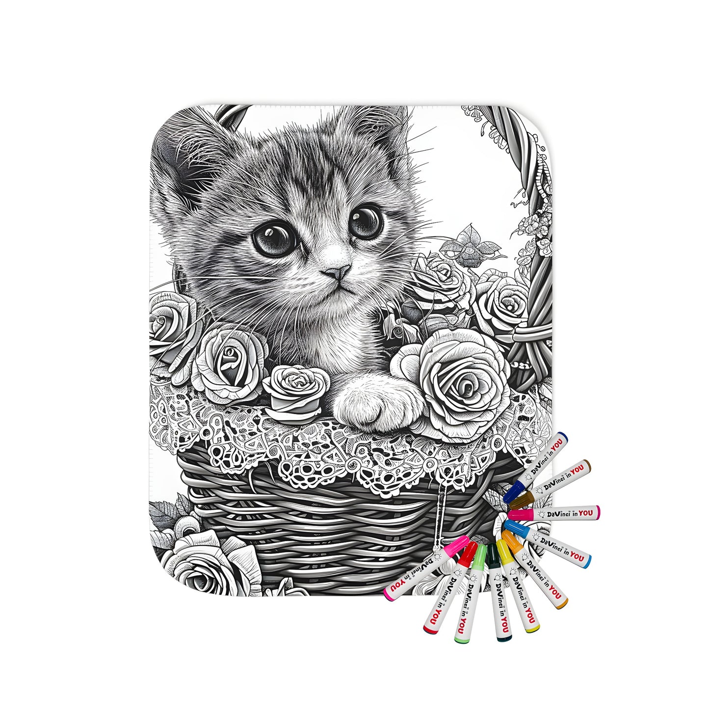 Coloring page blanket with adorable kitten sitting in a delicate basket adorned with beautiful roses