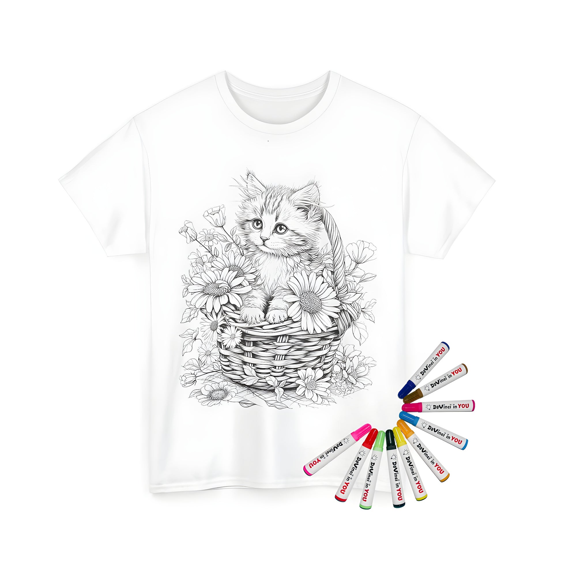 Unisex T-shirt with cute kitten and flower basket design