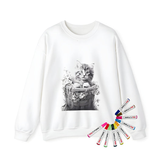 Adult sweatshirt featuring a whimsical kitten peeking out of a wicker basket filled with colorful flowers and vibrant hues. Perfect for cat lovers and adult coloring fans.