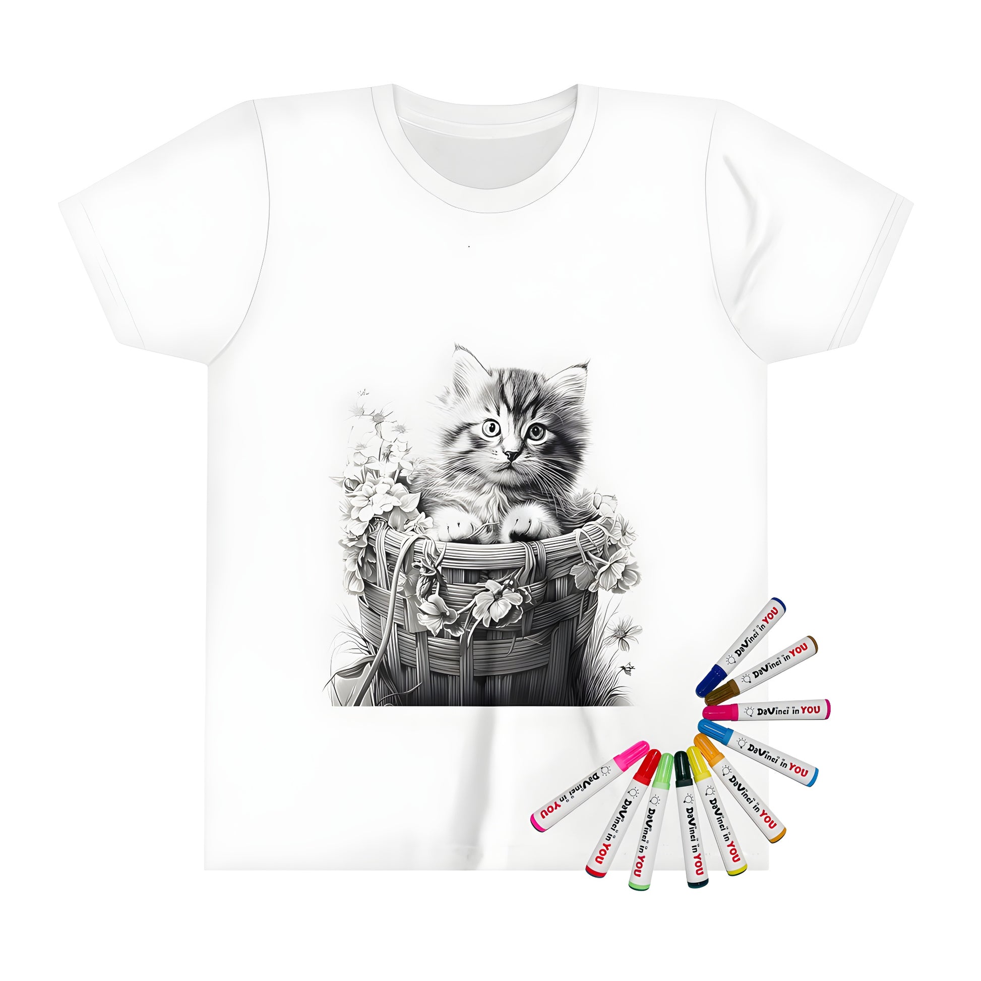 Kid's t-shirt featuring adorable kitten peeking out from basket filled with colorful flowers