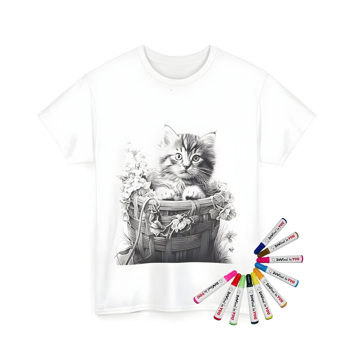 Unisex t-shirt featuring a detailed black and white illustration of an adorable kitten peeking out from a wicker basket filled with colorful flowers, ideal for kids and adults alike