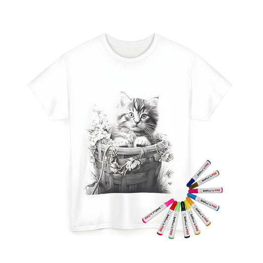 Unisex t-shirt featuring a detailed black and white illustration of an adorable kitten peeking out from a wicker basket filled with colorful flowers, ideal for kids and adults alike