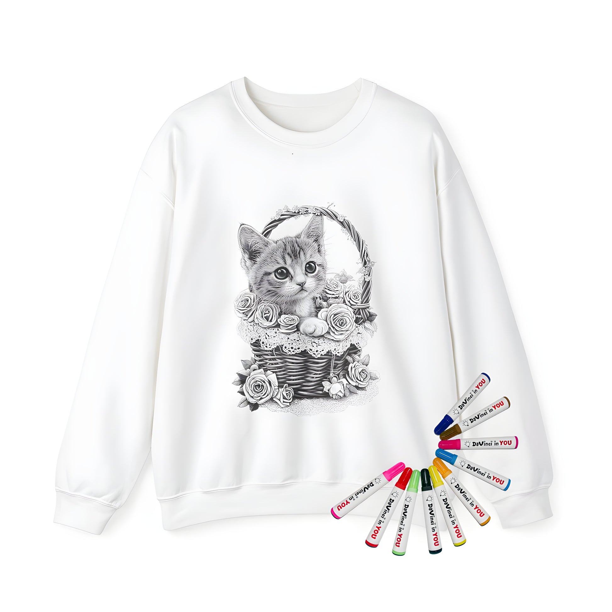 Adult sweatshirt with intricate kitten in wicker basket and rose design, featuring a detailed black and white illustration of feline in floral decorated hamper. Adult graphic tee for cat lovers, cozy fleece sweatshirt with adorable kitty in woven basket picture, perfect for casual wear.