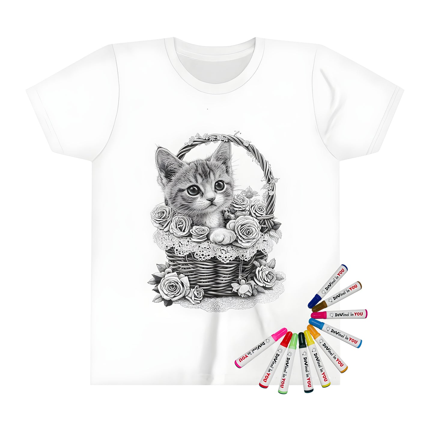 Colorful kid's t-shirt featuring a whimsical kitten sitting in a charming basket with intricate roses and lace details