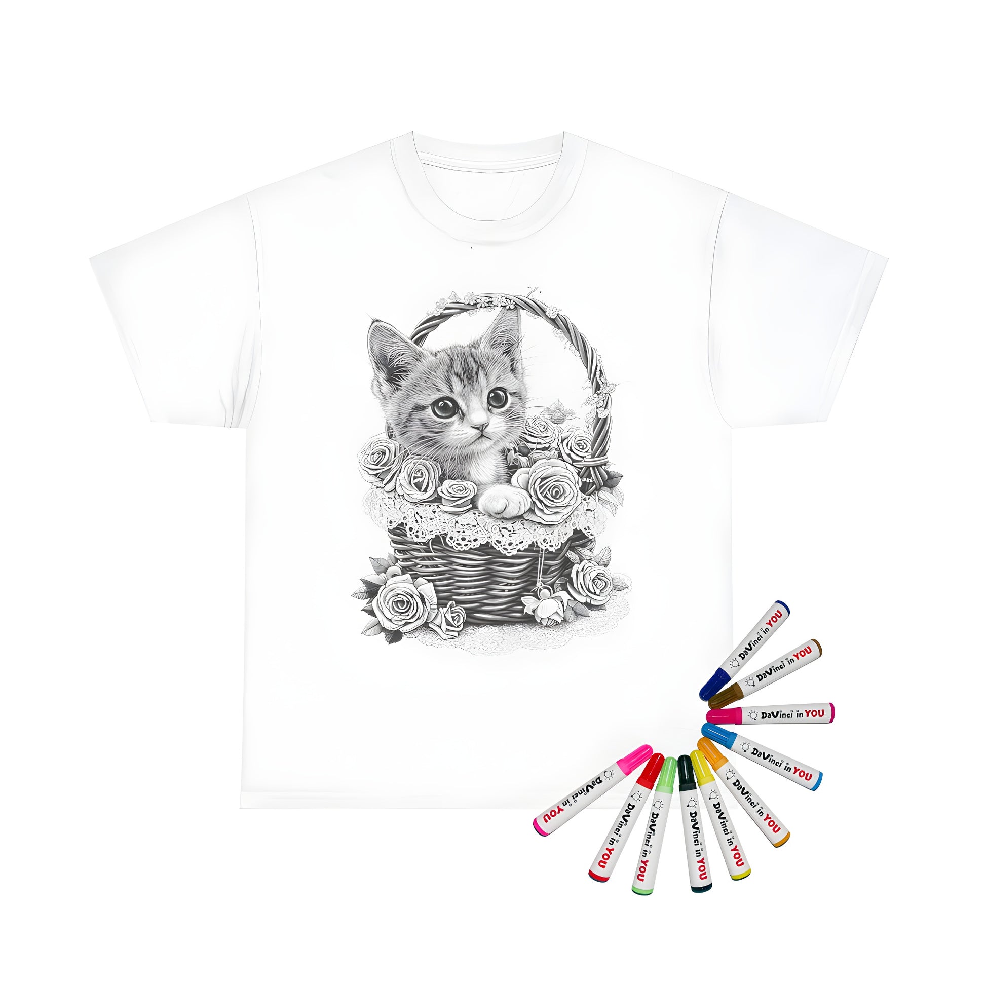 Coloring kit for unisex t-shirts featuring kitten in basket design