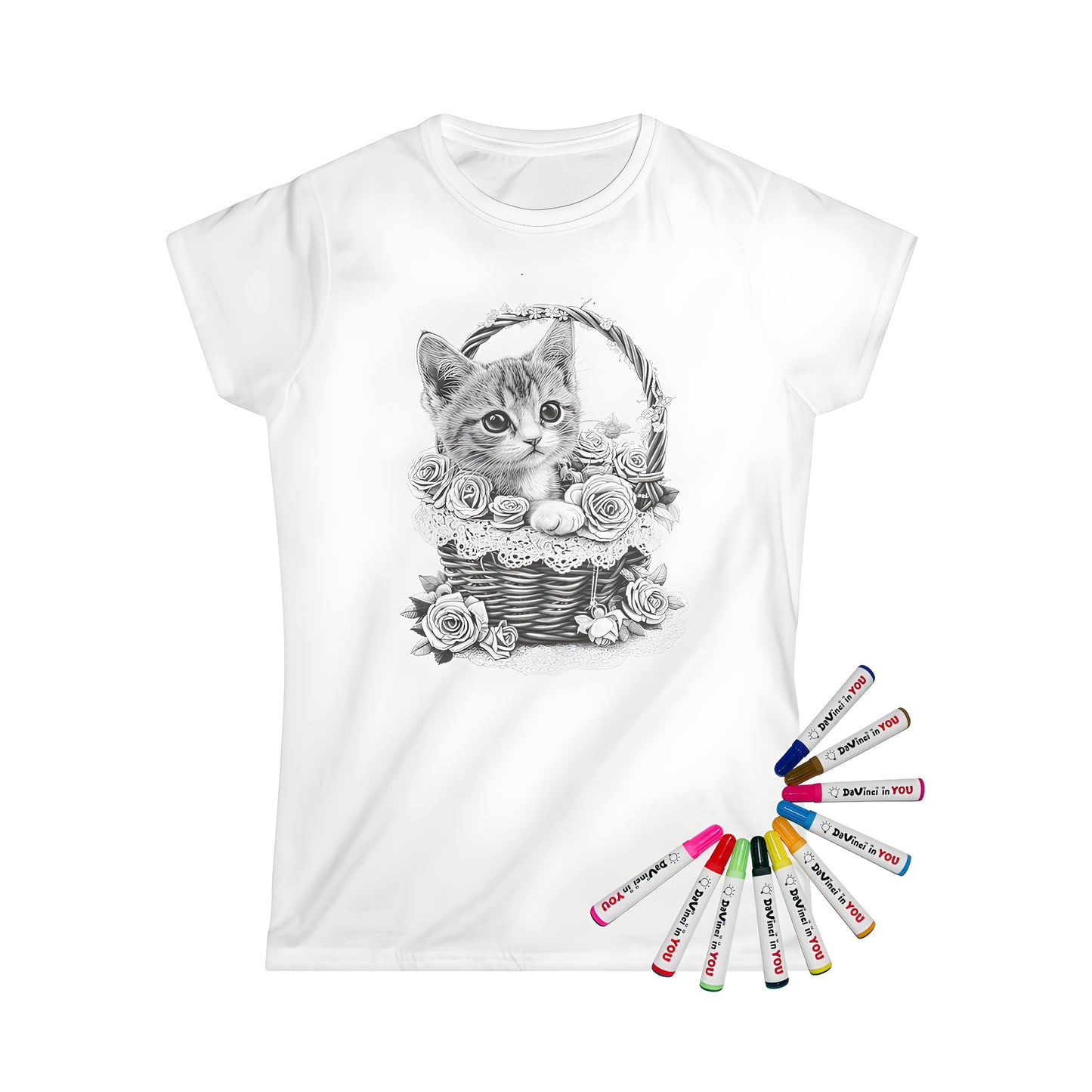 A woman's t-shirt featuring a whimsical kitten sitting in a beautiful lace-decorated basket, adorned with stunning roses, perfect for cat lovers and fans of colorful artwork.