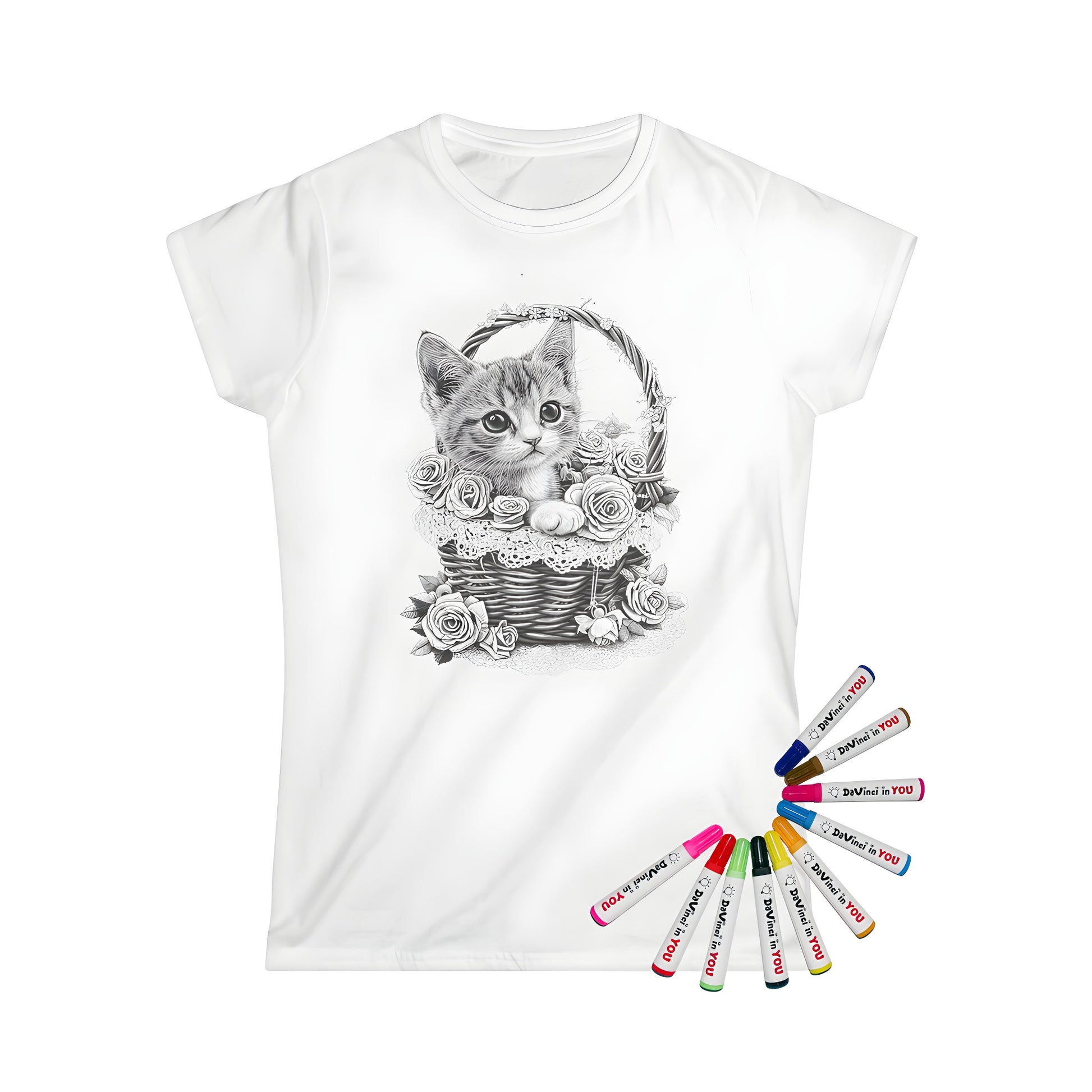 A woman's t-shirt featuring a whimsical kitten sitting in a beautiful lace-decorated basket, adorned with stunning roses, perfect for cat lovers and fans of colorful artwork.