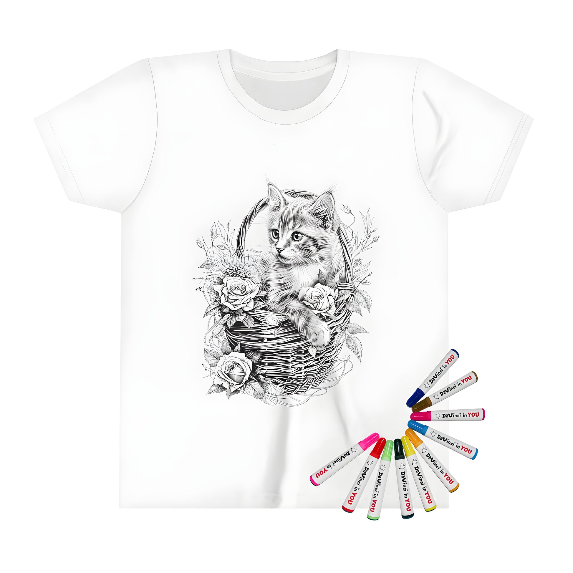 Cute kitten illustration on kid's t-shirt, wicker basket and roses