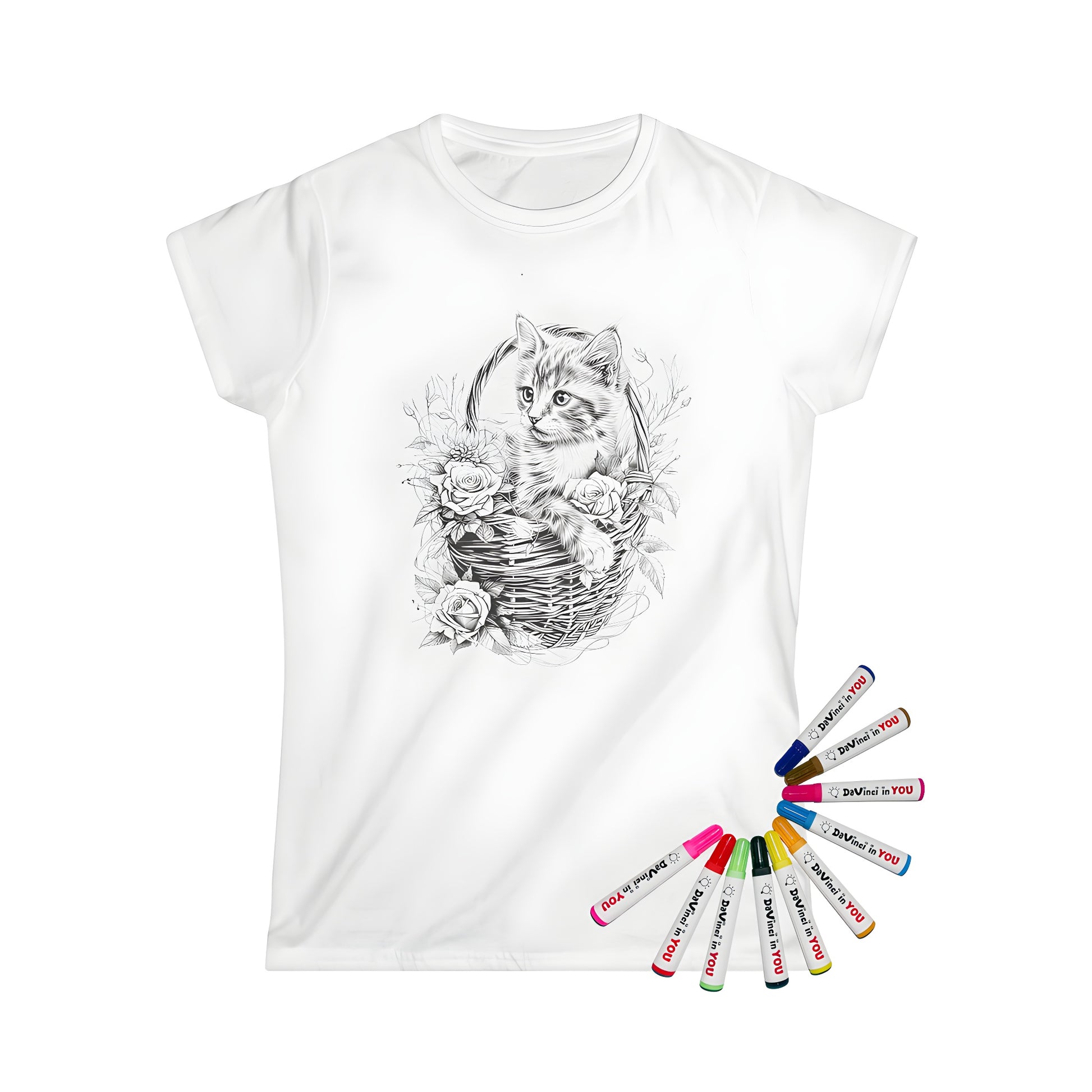 Colorful women's t-shirt featuring cute kitten in wicker basket illustration, great for casual wear and artistic expression