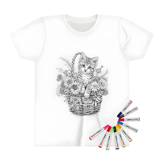 Kid's t-shirt featuring a whimsical kitten in a wicker basket surrounded by colorful flowers