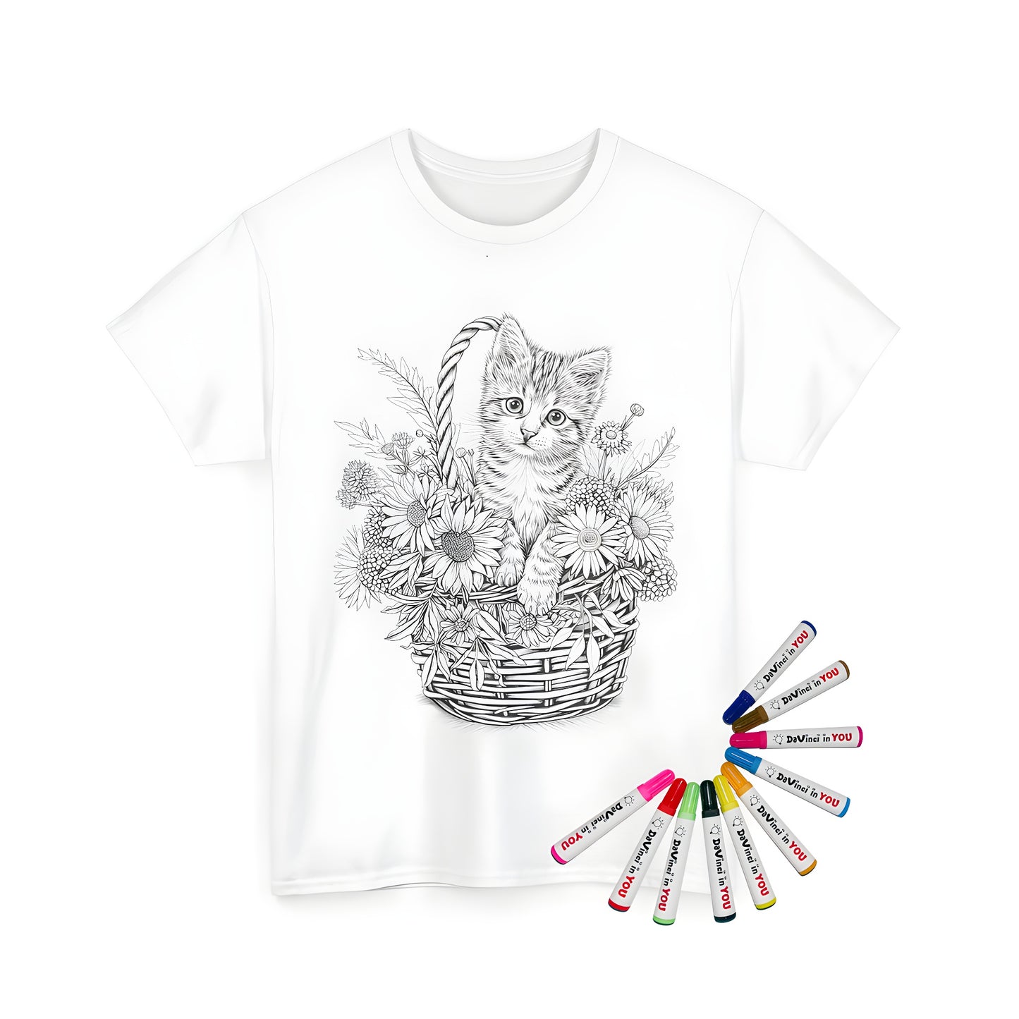 Detailed black kitten in a wicker basket surrounded by colorful flowers on a unisex t-shirt