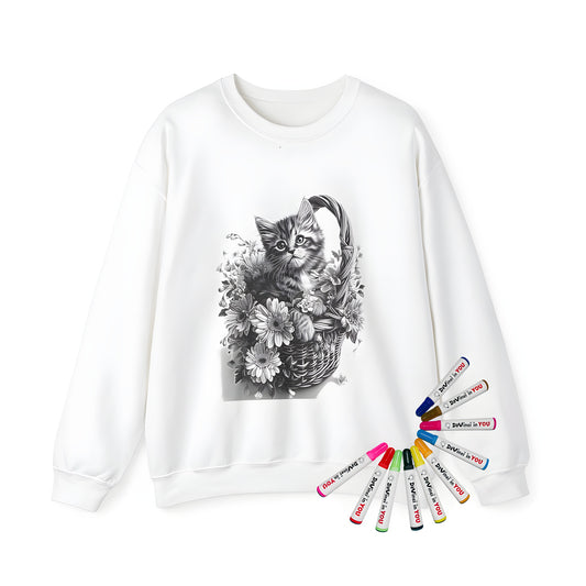 Adult sweatshirt featuring cute kitten in flower basket design, great gift for cat lovers and adult coloring enthusiasts