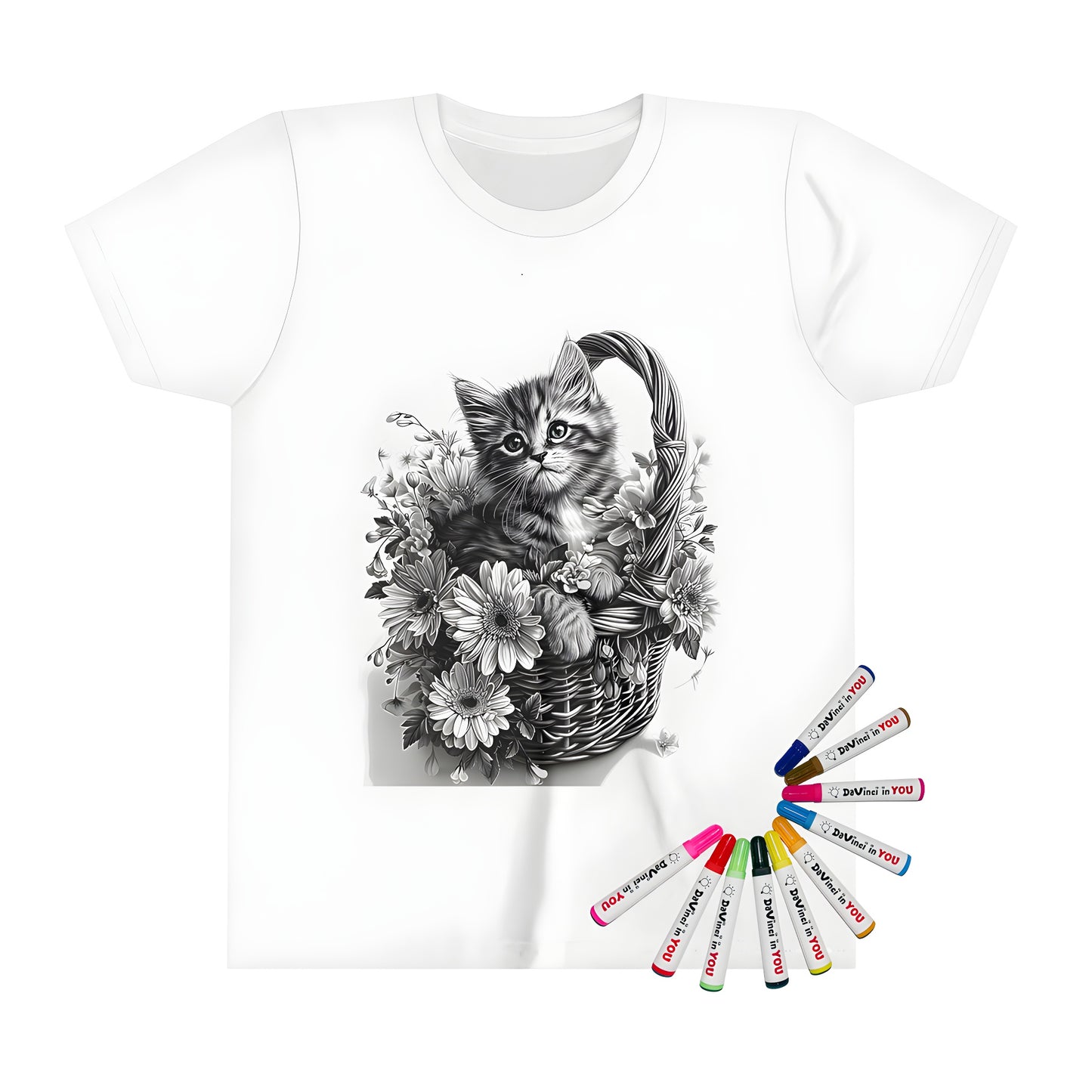 Colorful kid's t-shirt featuring cute cat in floral basket artwork