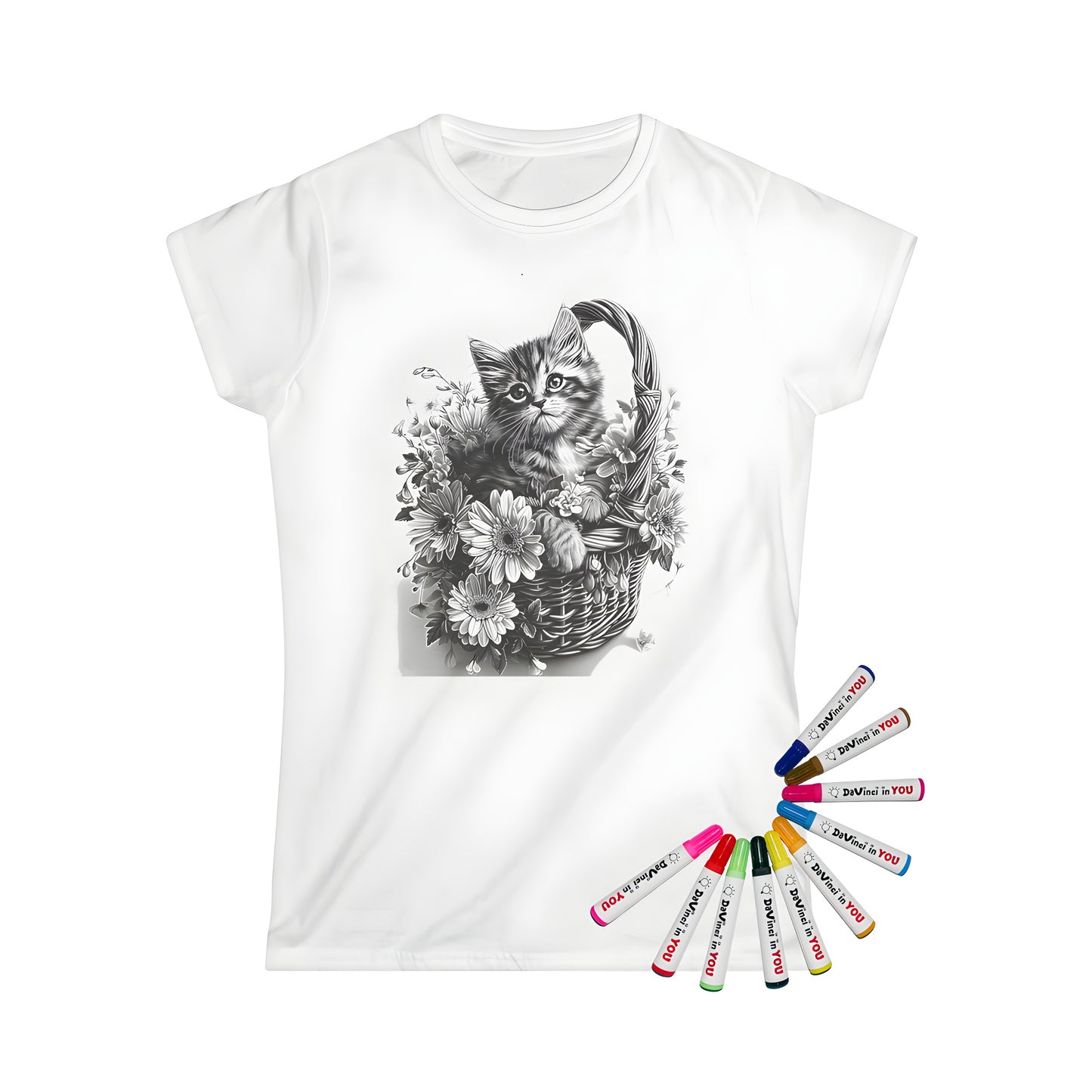 A women's t-shirt with a colorful kitten and flower basket design