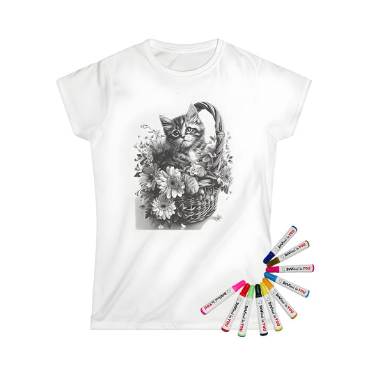 A women's t-shirt with a colorful kitten and flower basket design