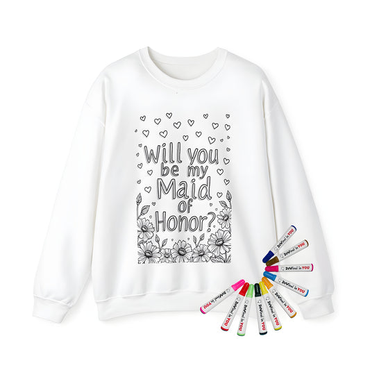 Adult sweatshirt featuring a beautiful black and white floral wreath design with the phrase 'Will you be my bridesmaid?' in a fun and playful font. Perfect for bridal party gifts or maid of honor attire.