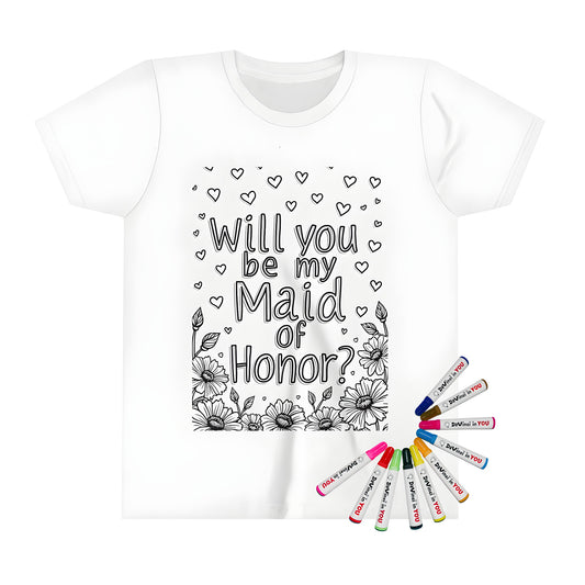 Colorful kids' t-shirt featuring a black and white floral wreath design with 'Will you be my bridesmaid?' text