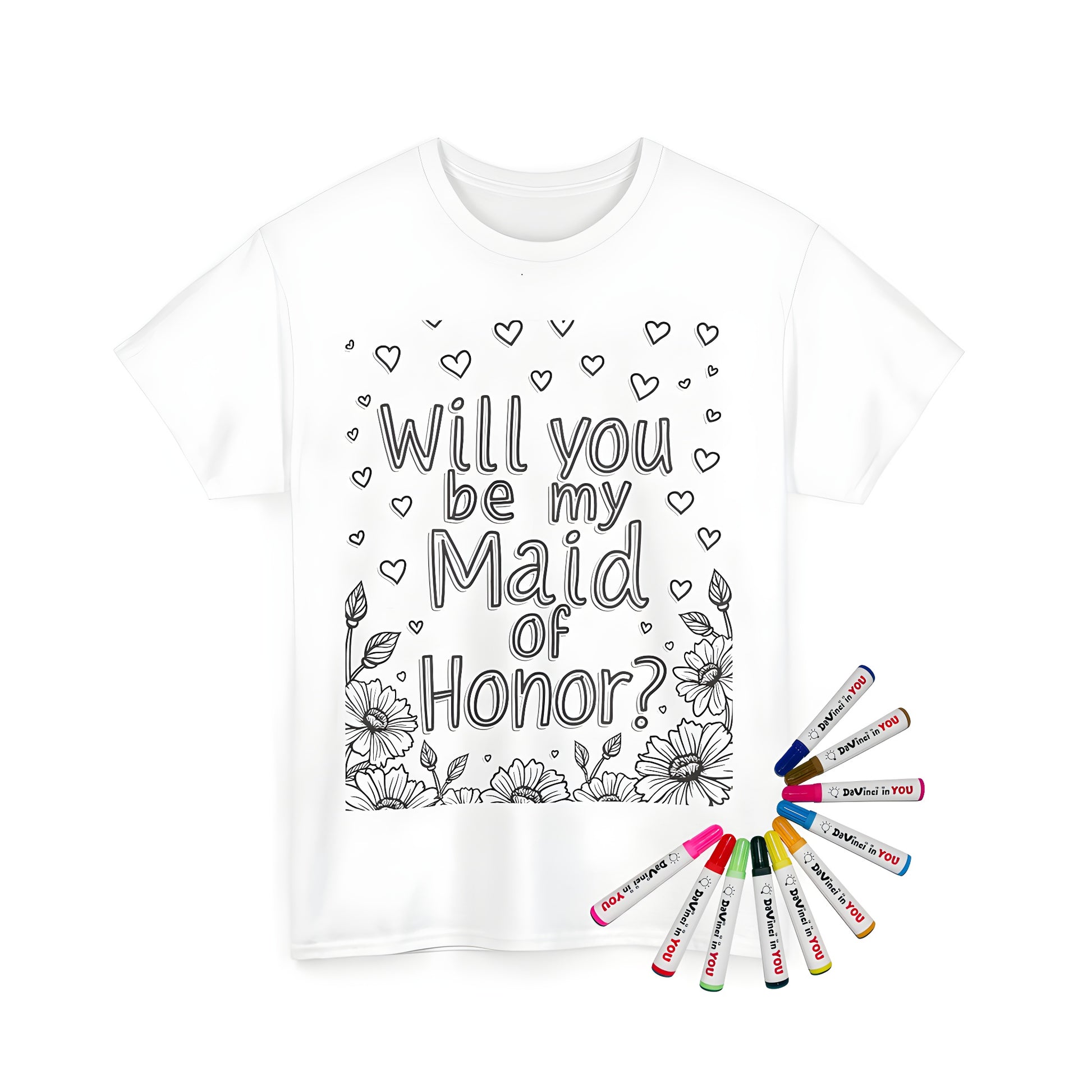 A unisex t-shirt featuring a coloring page design of a black and white floral wreath encircling the text 'Will you be my bridesmaid?' or maids of honor, matron of honor, wedding party attire