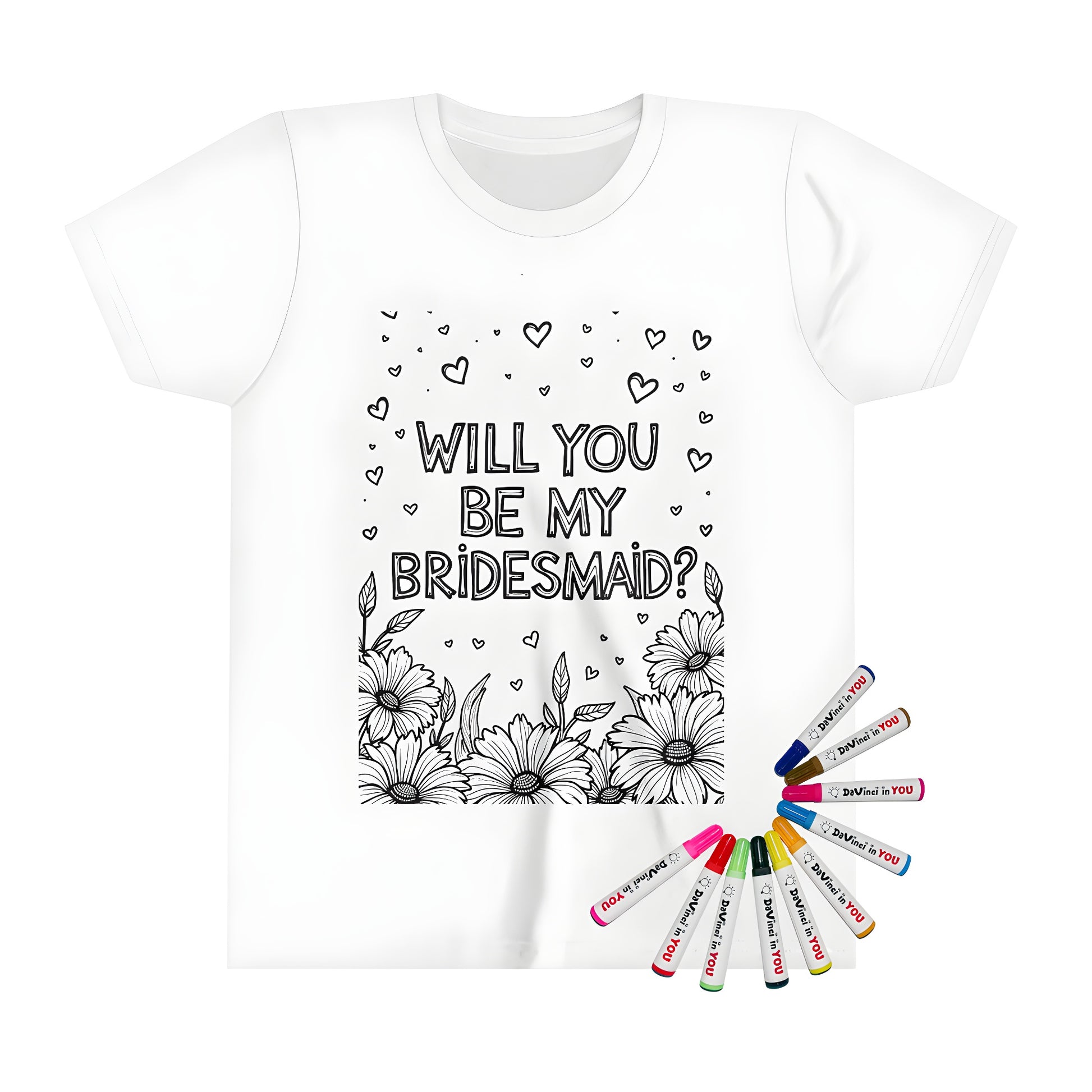 Kid's t-shirt with coloring page design inspired by bridesmaid proposal theme, featuring black and white illustration of flowers, hearts, and the text 'WILL YOU BE MY BRIDESMAID?'