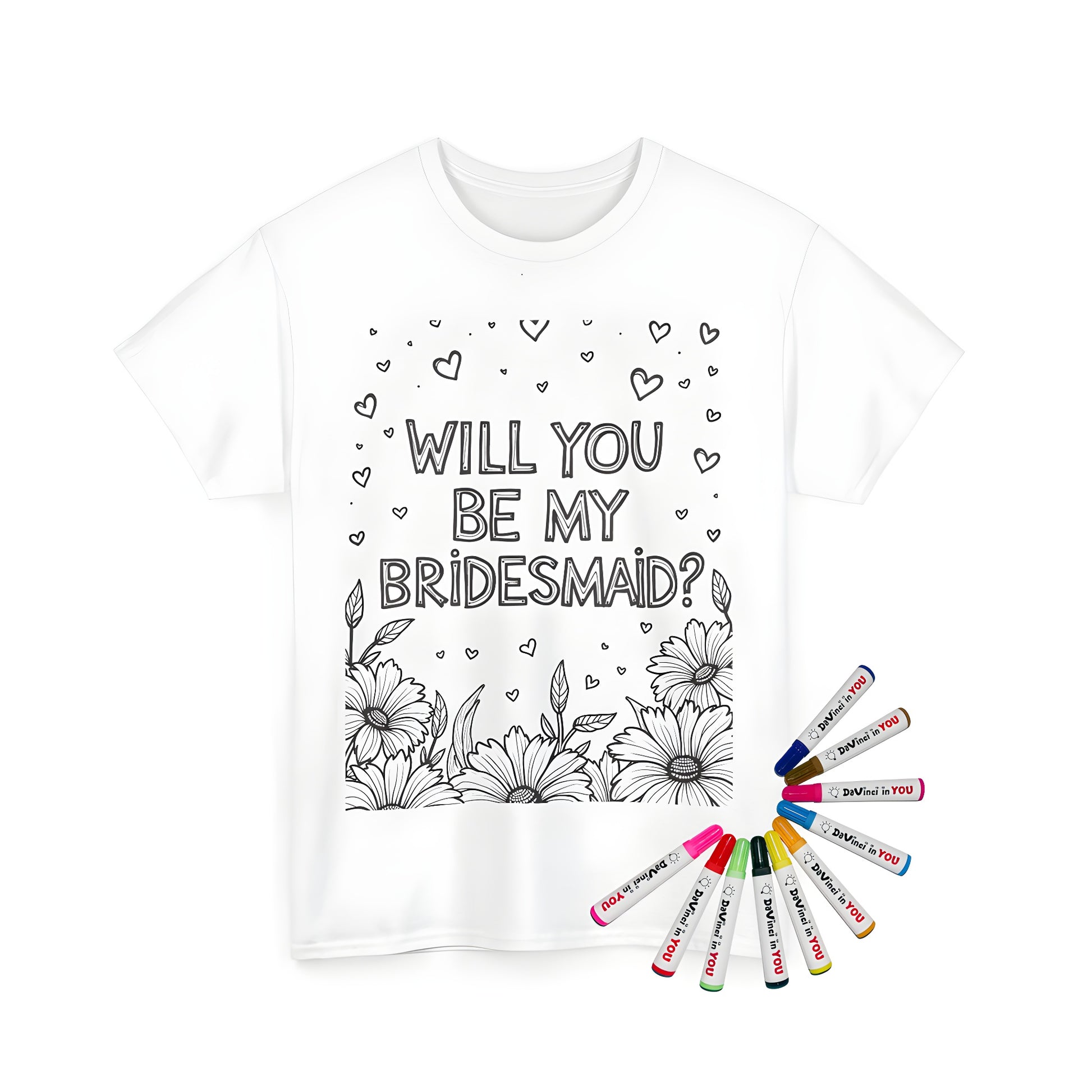 Unisex t-shirt featuring a colorful bridesmaid proposal design with flowers and hearts