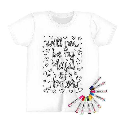 Colorful Kid's T-shirt with Maid of Honor theme, featuring a black and white illustration of a girl asking 'Will you be my Maid of Honor?' surrounded by hearts