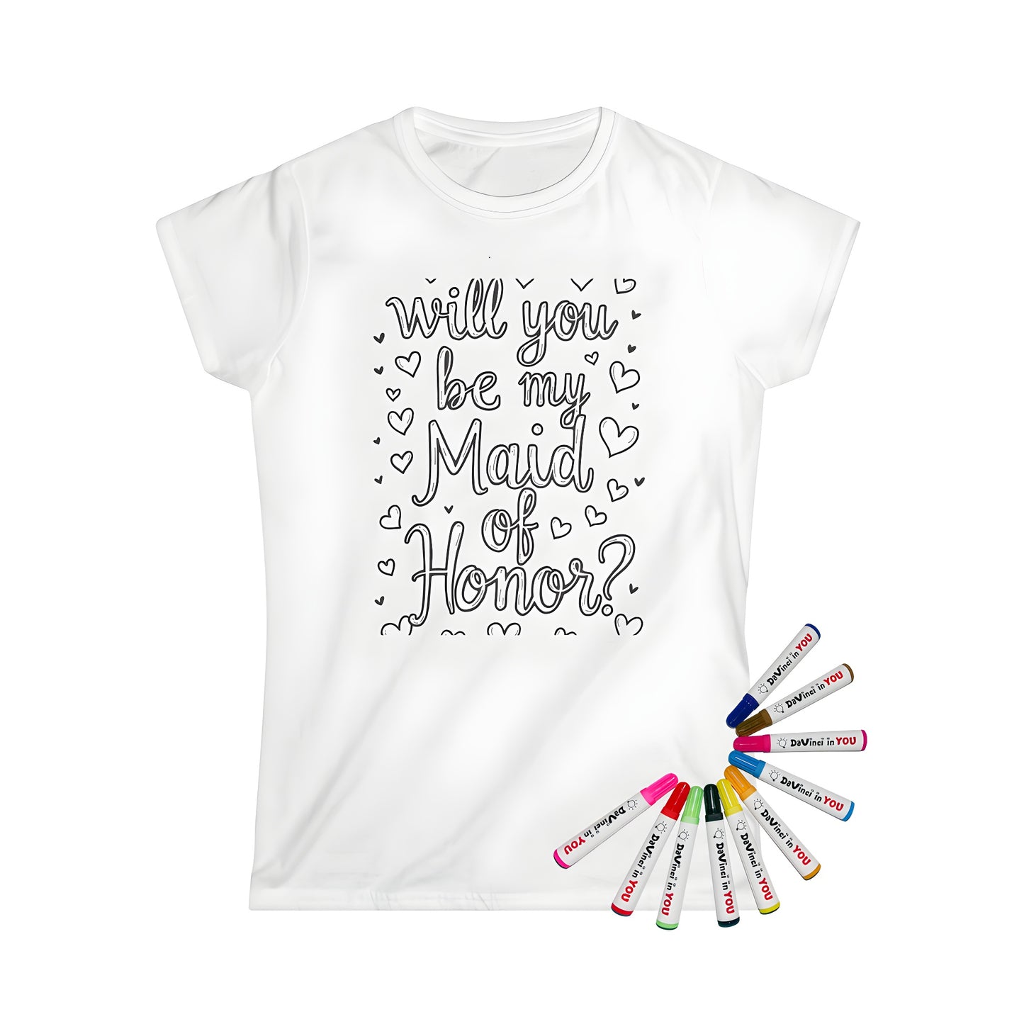 Women's t-shirt featuring a custom maid of honor, bridesmaid, or wedding party inspired coloring kit design. Includes 10 fabric markers for fun and creative expression.