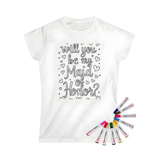 Women's t-shirt featuring a custom maid of honor, bridesmaid, or wedding party inspired coloring kit design. Includes 10 fabric markers for fun and creative expression.