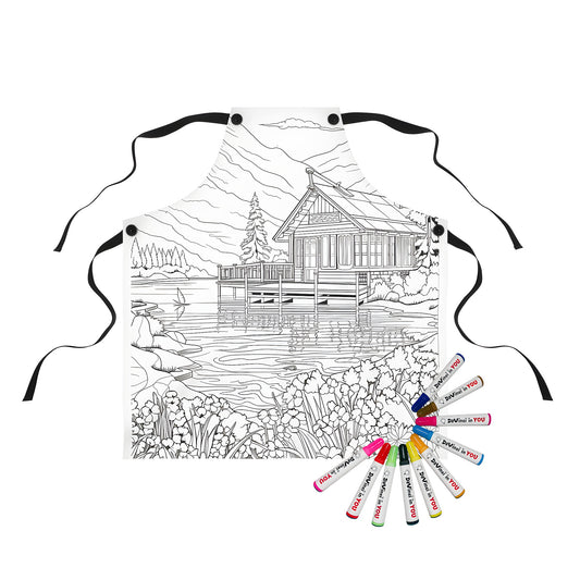 Coloring apron featuring a charming mountain cabin scene with a serene lake view, surrounded by vibrant flowers and lush trees