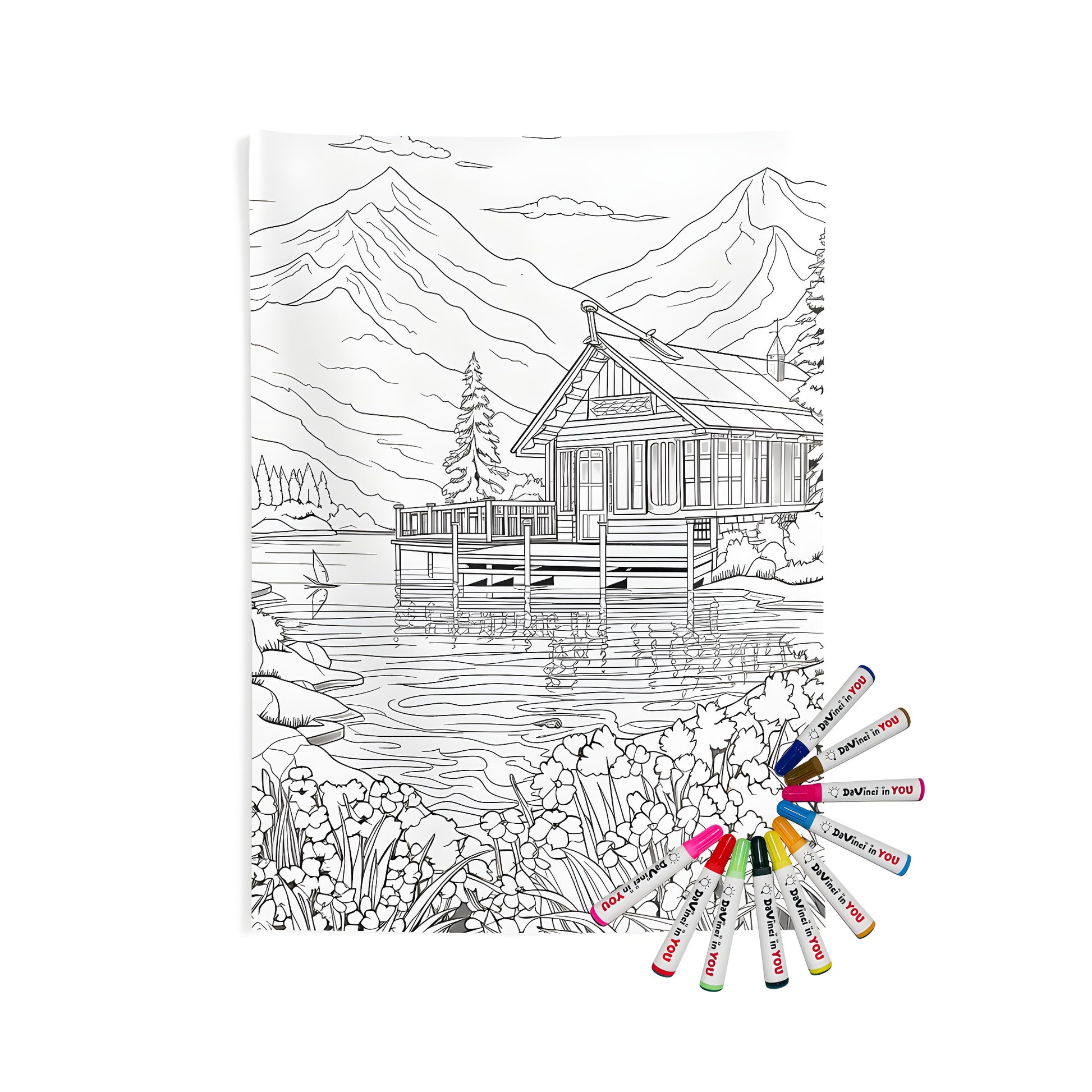 Cozy mountain retreat wall tapestry, detailed lake house art, serene nature scene with flowers, trees, and mountains