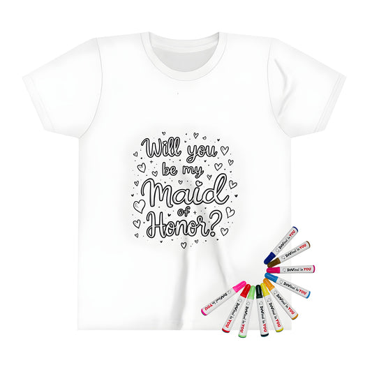 Kid's T-shirt coloring kit with proposal design for kids, featuring a cute maid of honor ask question