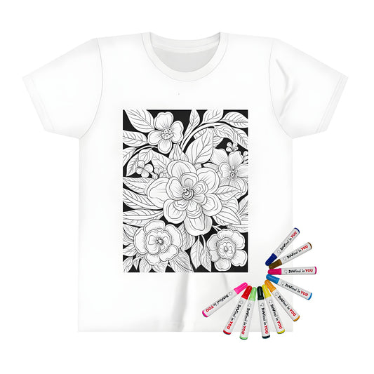 Floral Design Coloring Kit T-Shirt Alt Text: Detailed flowers and leaves pattern on a kid's t-shirt