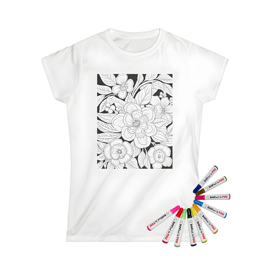 Colorful women's t-shirt featuring a detailed black and white floral arrangement design