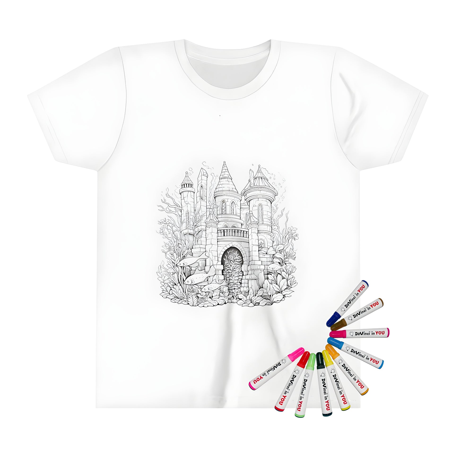 Colorful kids t-shirt featuring a vibrant underwater castle design with towers and marine life