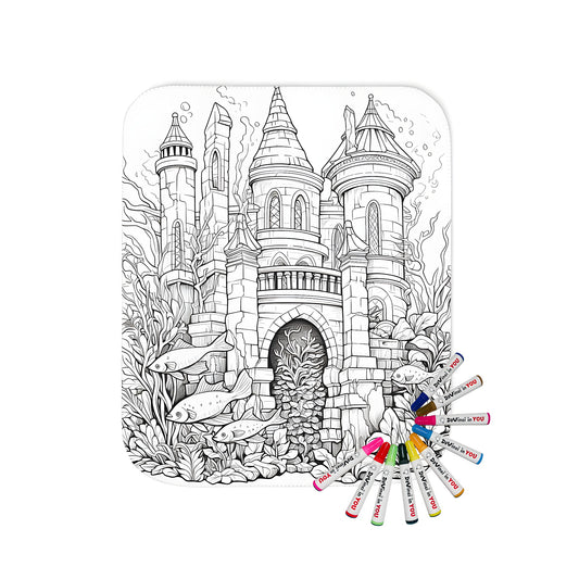 Blanket featuring an underwater castle design with colorful towers and sea creatures